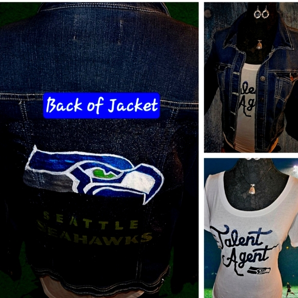 4 piece set. Hand painted Seahawks denim jacket. Seahawks Nike tshirt. Jewelry - Picture 1 of 10